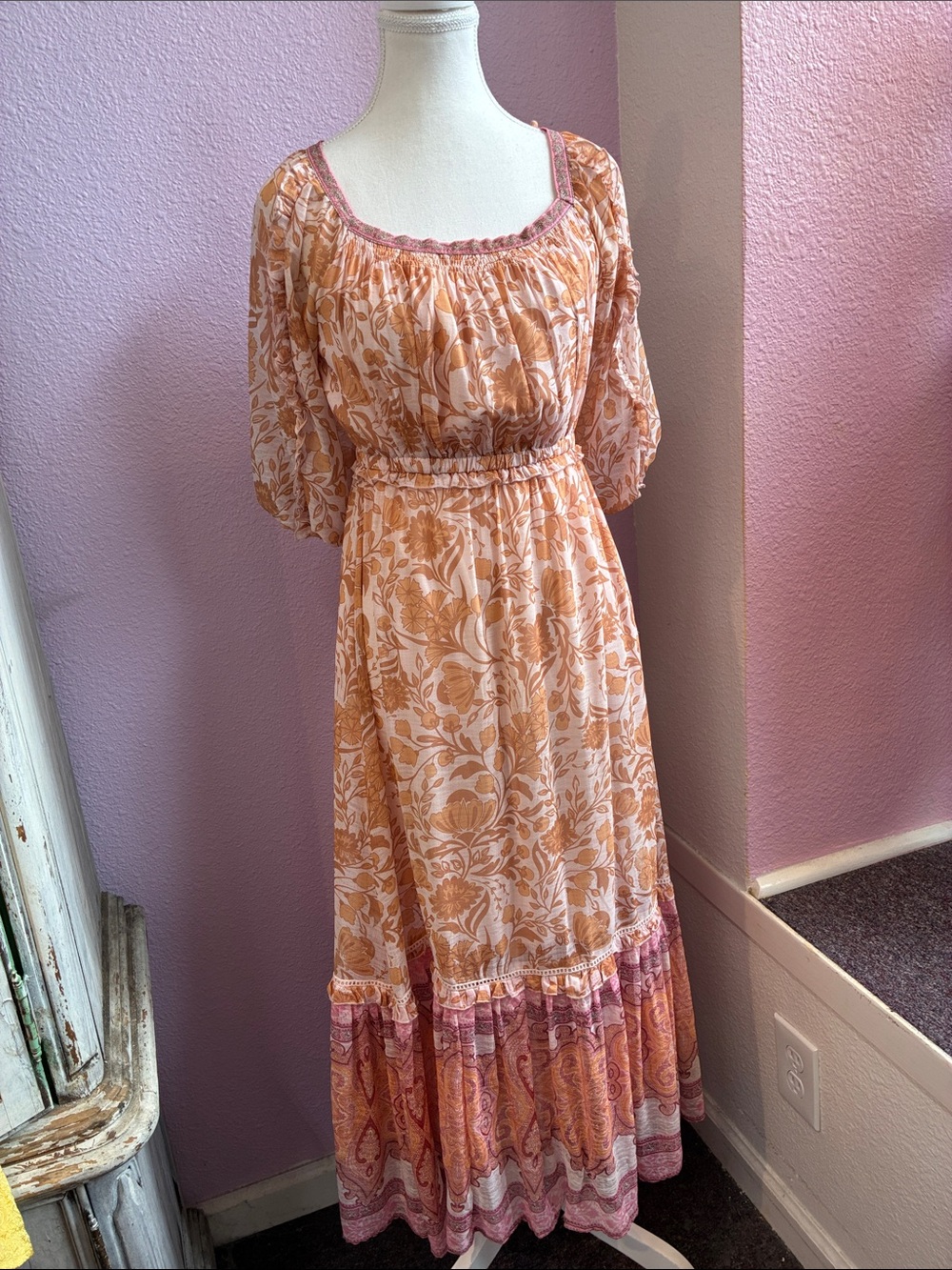 Secret Mission Floral Peach Boho Maxi Dress Medium